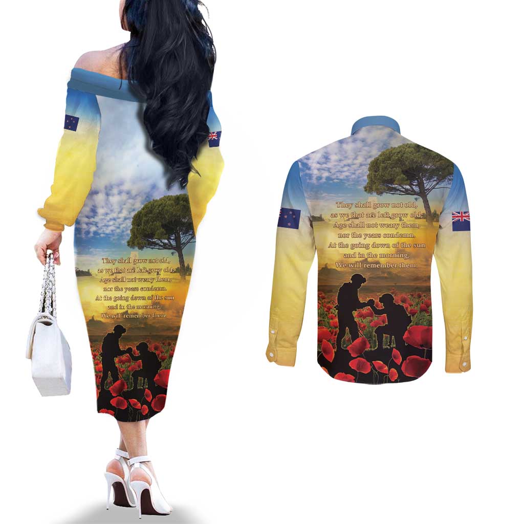 New Zealand ANZAC Day Couples Matching Off The Shoulder Long Sleeve Dress and Long Sleeve Button Shirt The Ode Remembrance And Poppy