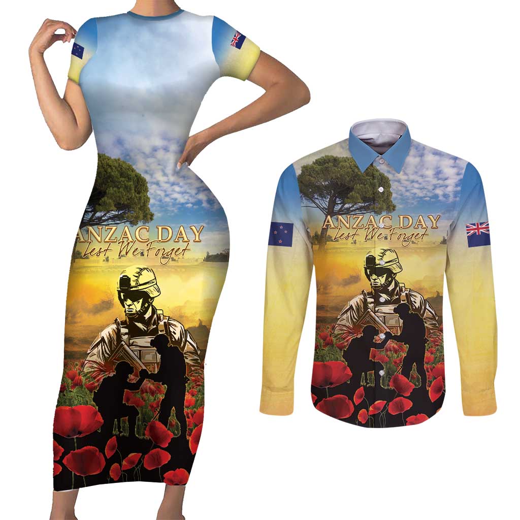 New Zealand ANZAC Day Couples Matching Short Sleeve Bodycon Dress and Long Sleeve Button Shirt The Ode Remembrance And Poppy