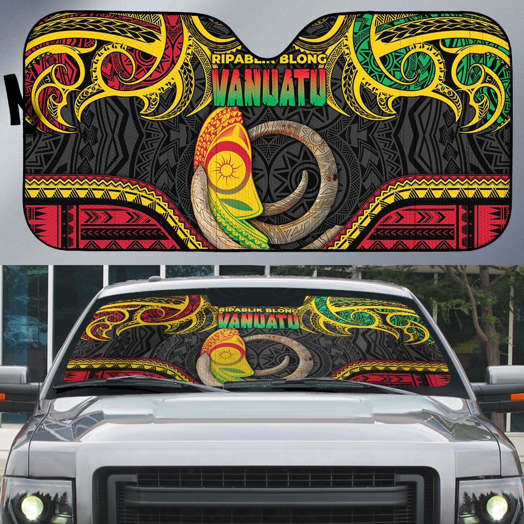 Vanuatu Language Week Auto Sun Shade Boar Tusk Warrior Tribal Floral Pattern DT05 Black - Polynesian Pride