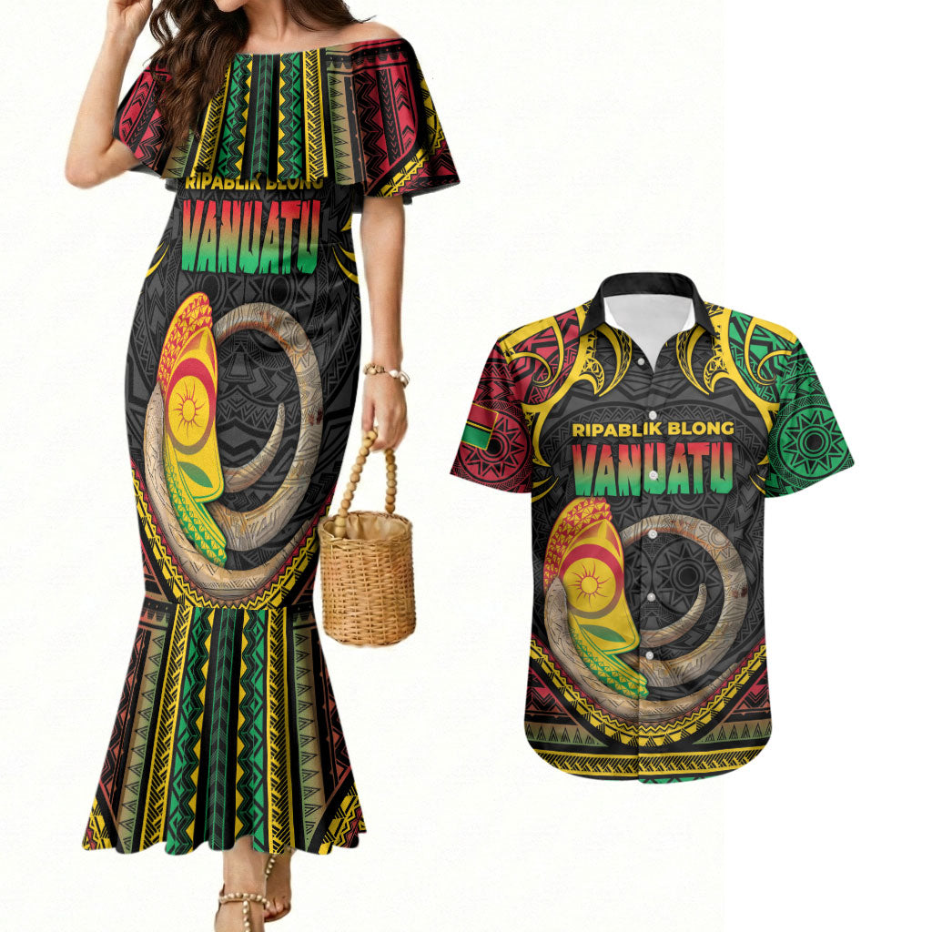 Vanuatu Language Week Couples Matching Mermaid Dress and Hawaiian Shirt Boar Tusk Warrior Tribal Floral Pattern DT05 Black - Polynesian Pride