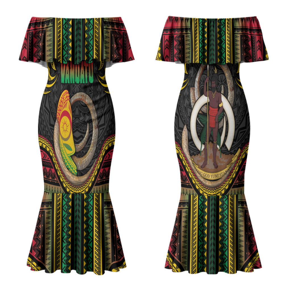 Vanuatu Language Week Couples Matching Mermaid Dress and Long Sleeve Button Shirt Boar Tusk Warrior Tribal Floral Pattern
