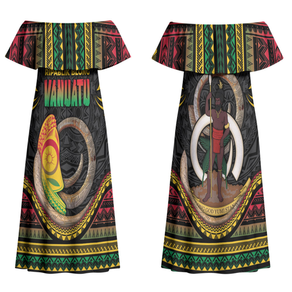 Vanuatu Language Week Couples Matching Off Shoulder Maxi Dress and Long Sleeve Button Shirt Boar Tusk Warrior Tribal Floral Pattern
