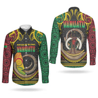 Vanuatu Language Week Couples Matching Off The Shoulder Long Sleeve Dress and Long Sleeve Button Shirt Boar Tusk Warrior Tribal Floral Pattern