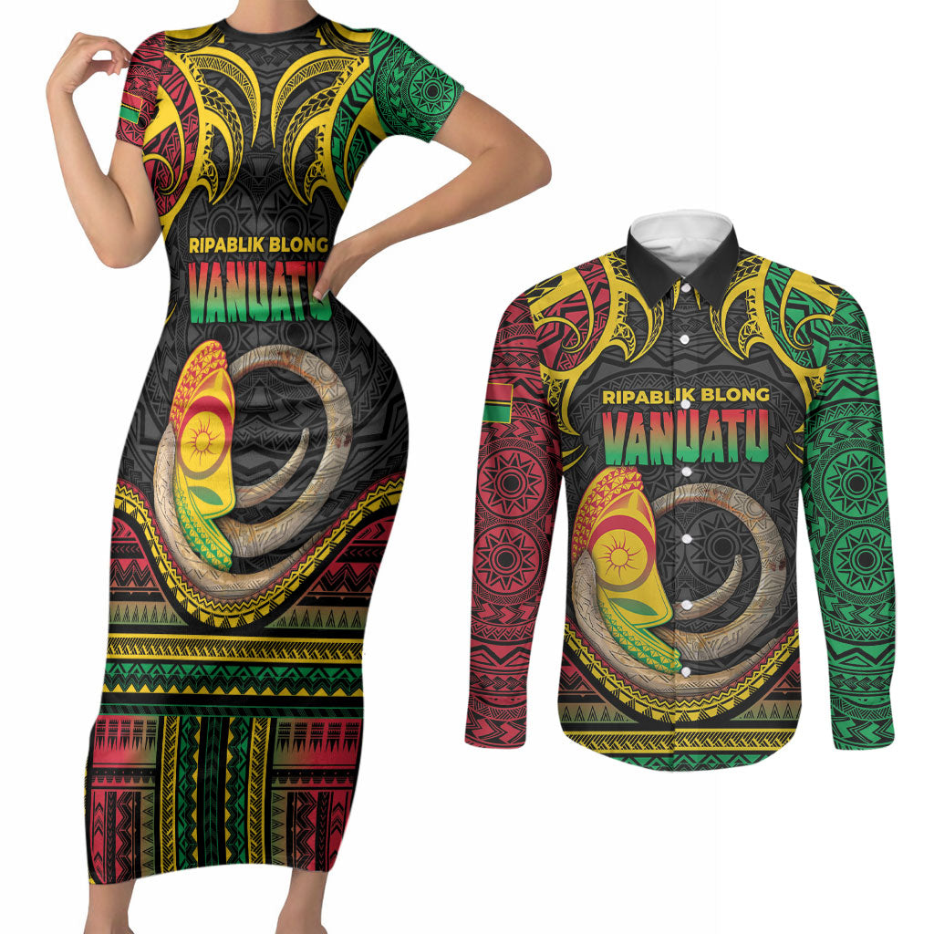 Vanuatu Language Week Couples Matching Short Sleeve Bodycon Dress and Long Sleeve Button Shirt Boar Tusk Warrior Tribal Floral Pattern DT05 Black - Polynesian Pride