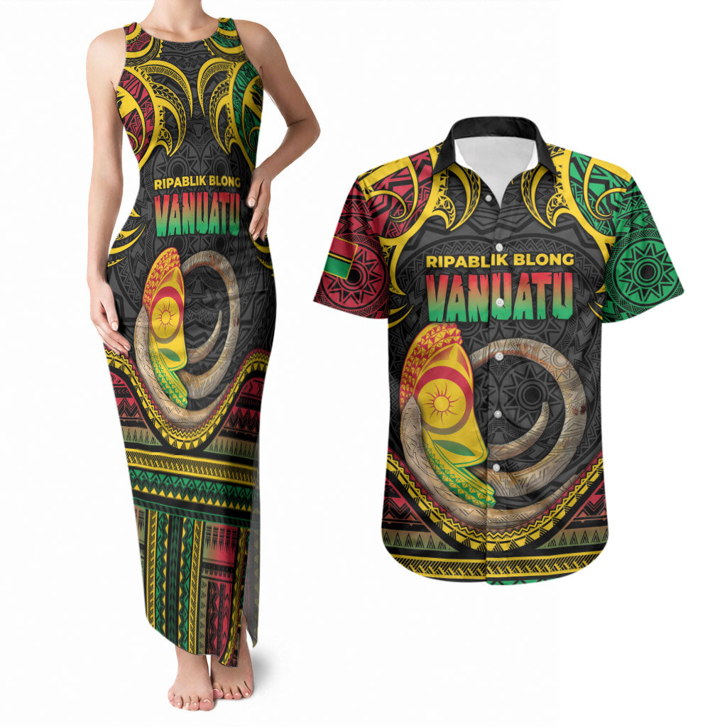 Vanuatu Language Week Couples Matching Tank Maxi Dress and Hawaiian Shirt Boar Tusk Warrior Tribal Floral Pattern DT05 Black - Polynesian Pride