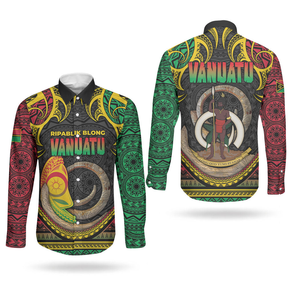 Vanuatu Language Week Couples Matching Tank Maxi Dress and Long Sleeve Button Shirt Boar Tusk Warrior Tribal Floral Pattern
