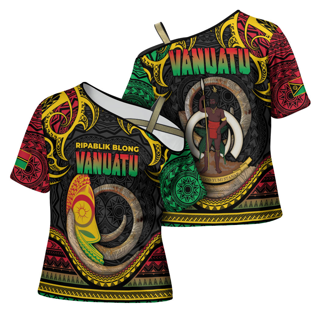 Vanuatu Language Week Cross Shoulder Shirt Boar Tusk Warrior Tribal Floral Pattern