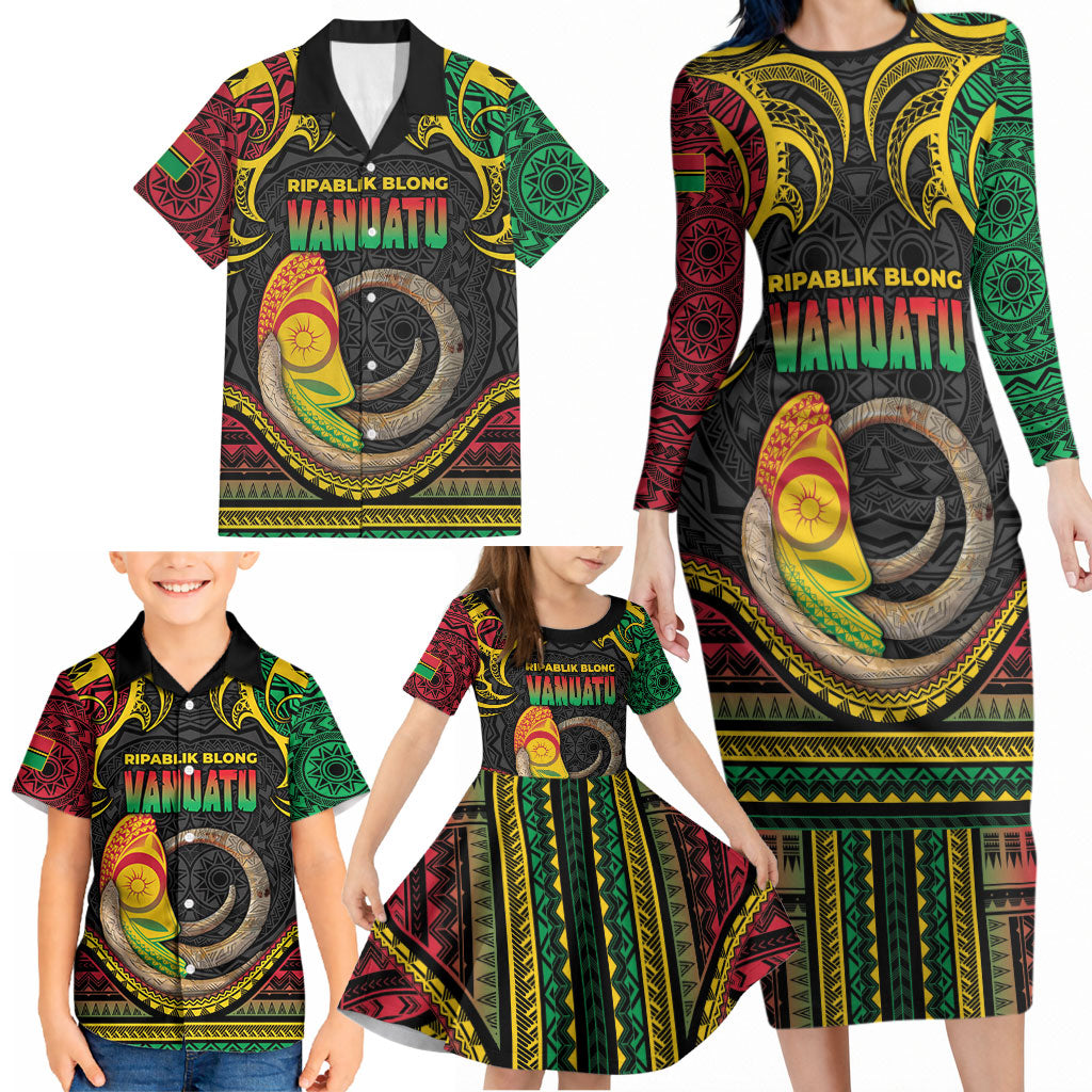Vanuatu Language Week Family Matching Long Sleeve Bodycon Dress and Hawaiian Shirt Boar Tusk Warrior Tribal Floral Pattern DT05 - Polynesian Pride