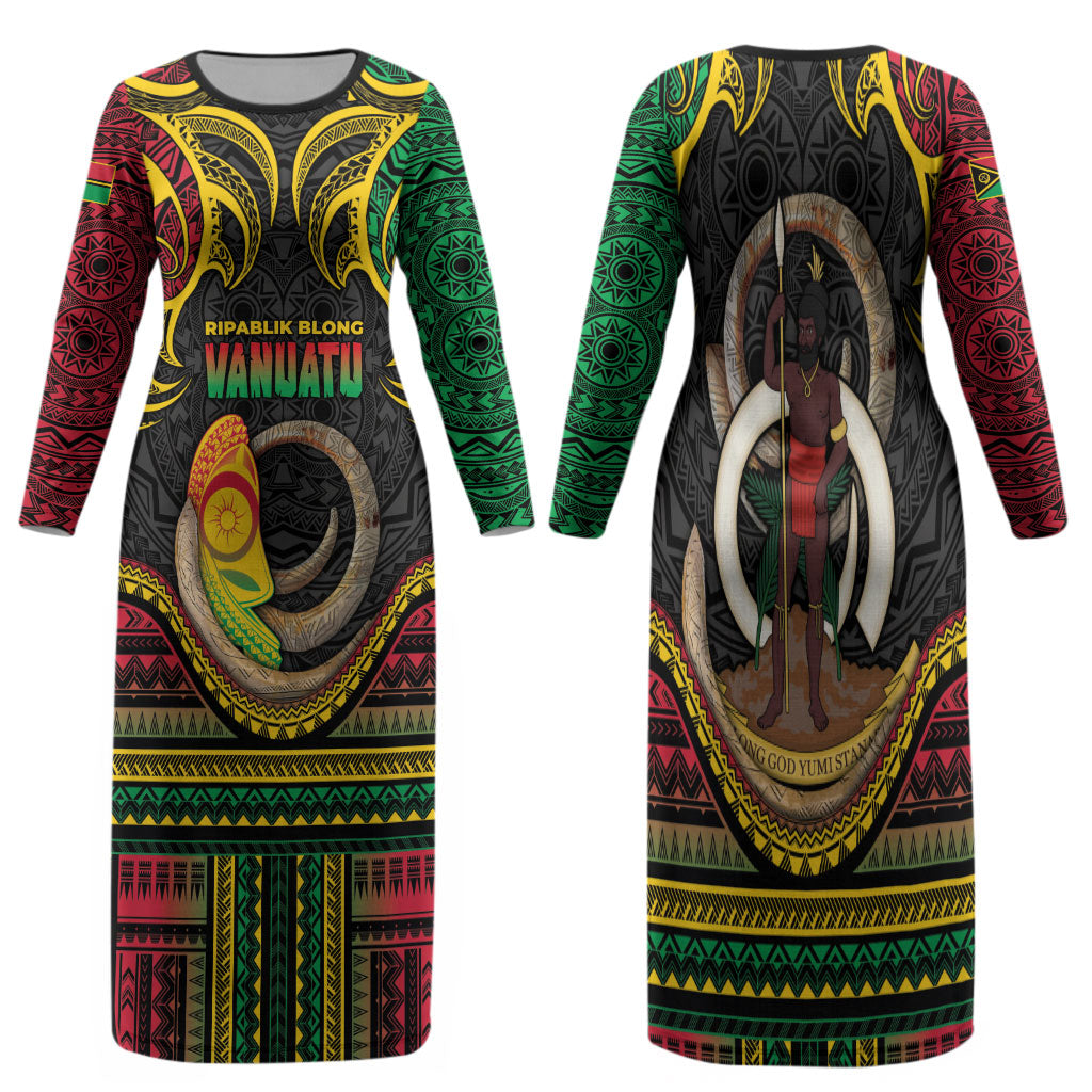 Vanuatu Language Week Family Matching Long Sleeve Bodycon Dress and Hawaiian Shirt Boar Tusk Warrior Tribal Floral Pattern
