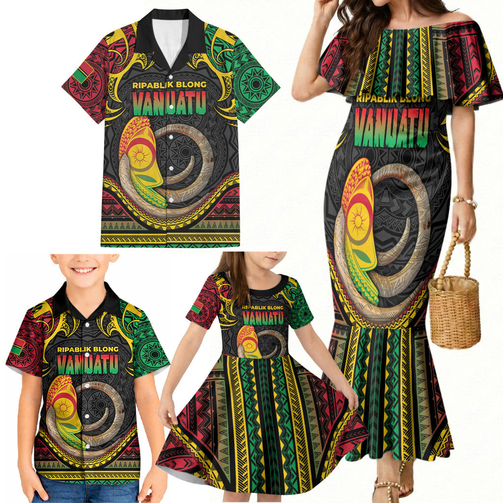 Vanuatu Language Week Family Matching Mermaid Dress and Hawaiian Shirt Boar Tusk Warrior Tribal Floral Pattern DT05 - Polynesian Pride