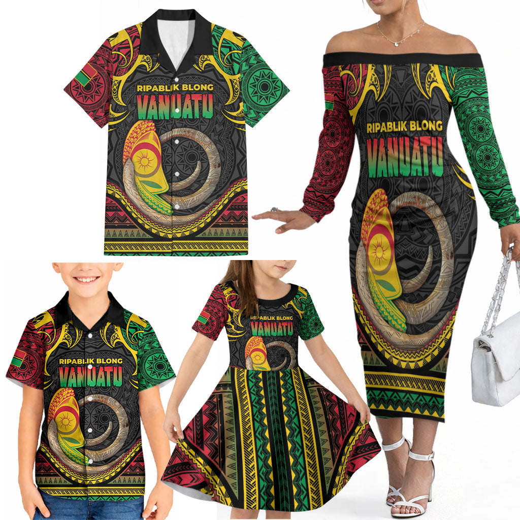 Vanuatu Language Week Family Matching Off The Shoulder Long Sleeve Dress and Hawaiian Shirt Boar Tusk Warrior Tribal Floral Pattern DT05 - Polynesian Pride