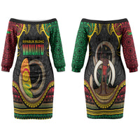 Vanuatu Language Week Family Matching Off The Shoulder Long Sleeve Dress and Hawaiian Shirt Boar Tusk Warrior Tribal Floral Pattern