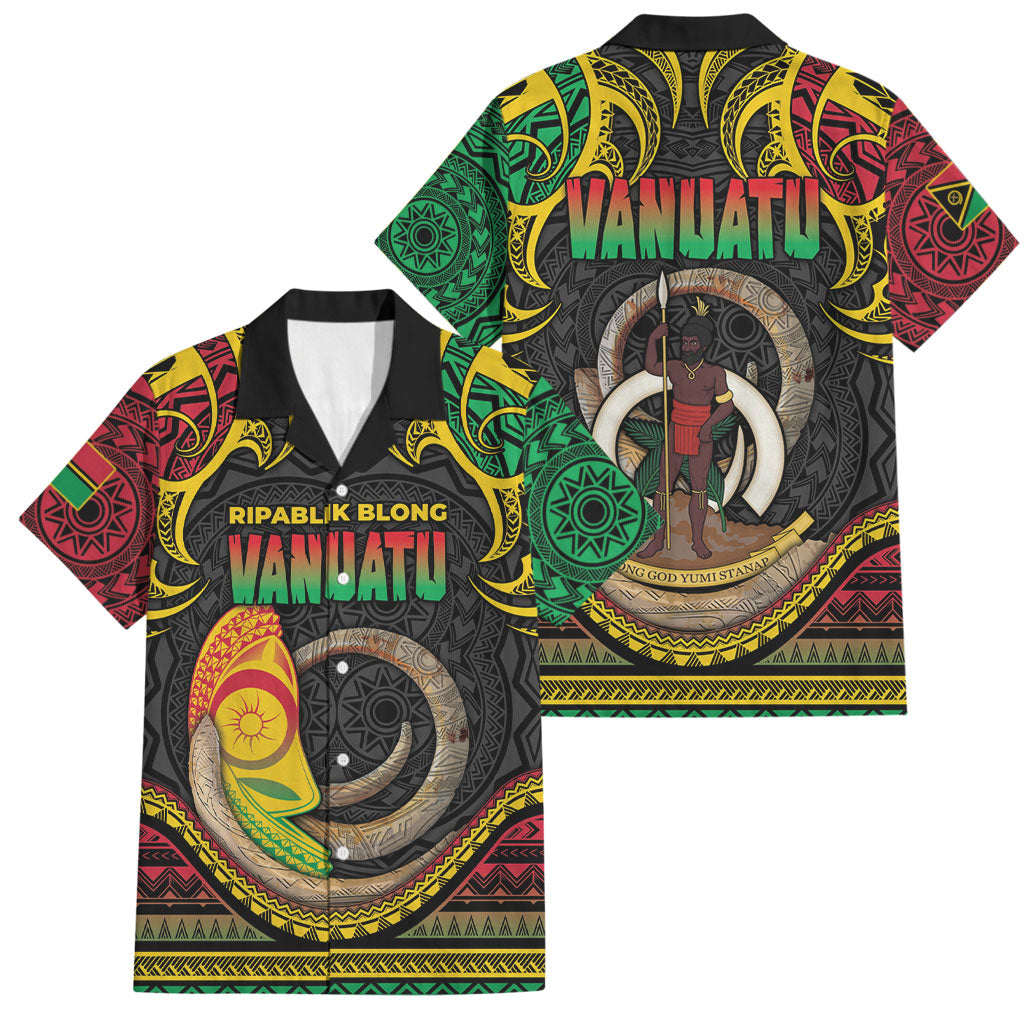 Vanuatu Language Week Family Matching Off The Shoulder Long Sleeve Dress and Hawaiian Shirt Boar Tusk Warrior Tribal Floral Pattern