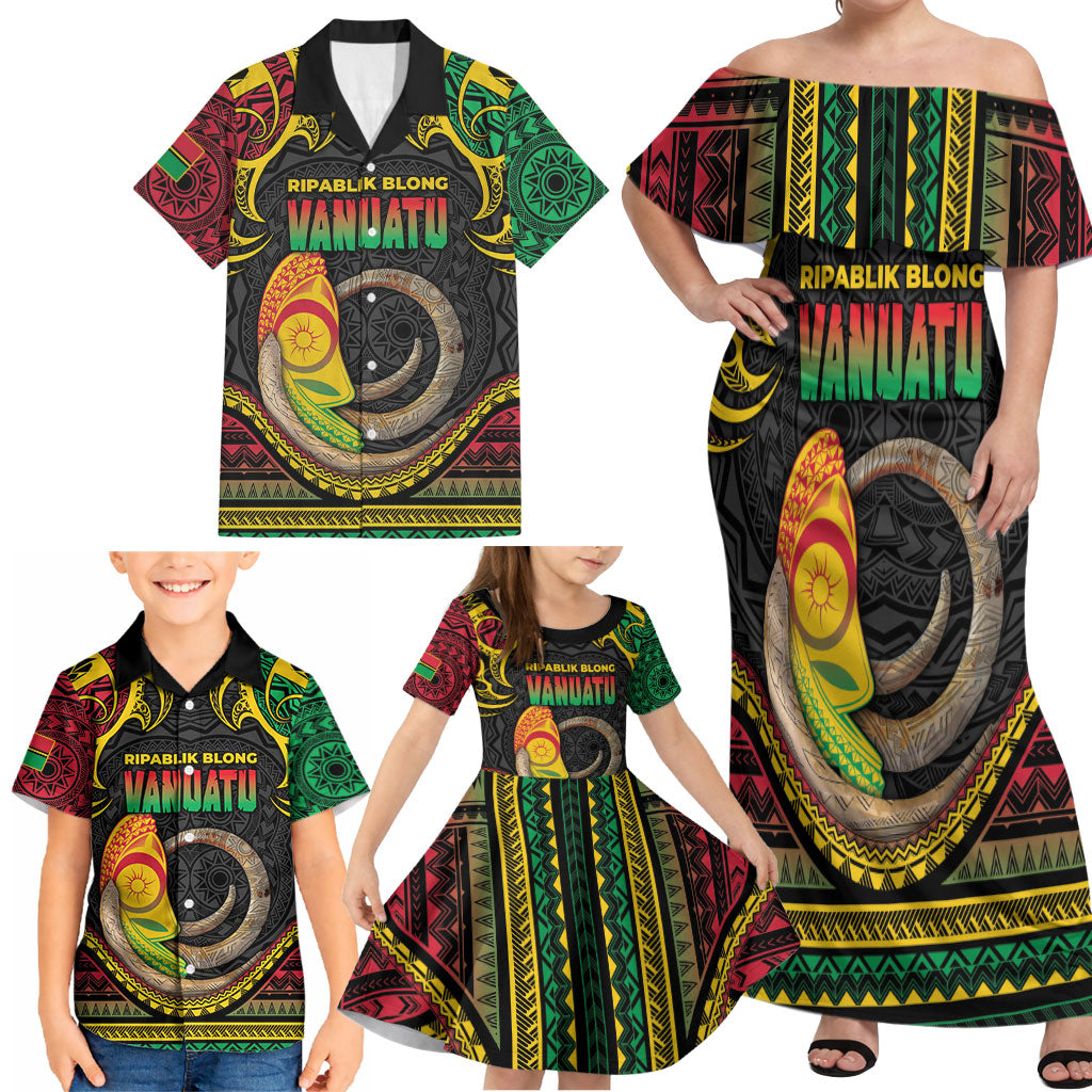 Vanuatu Language Week Family Matching Off Shoulder Maxi Dress and Hawaiian Shirt Boar Tusk Warrior Tribal Floral Pattern