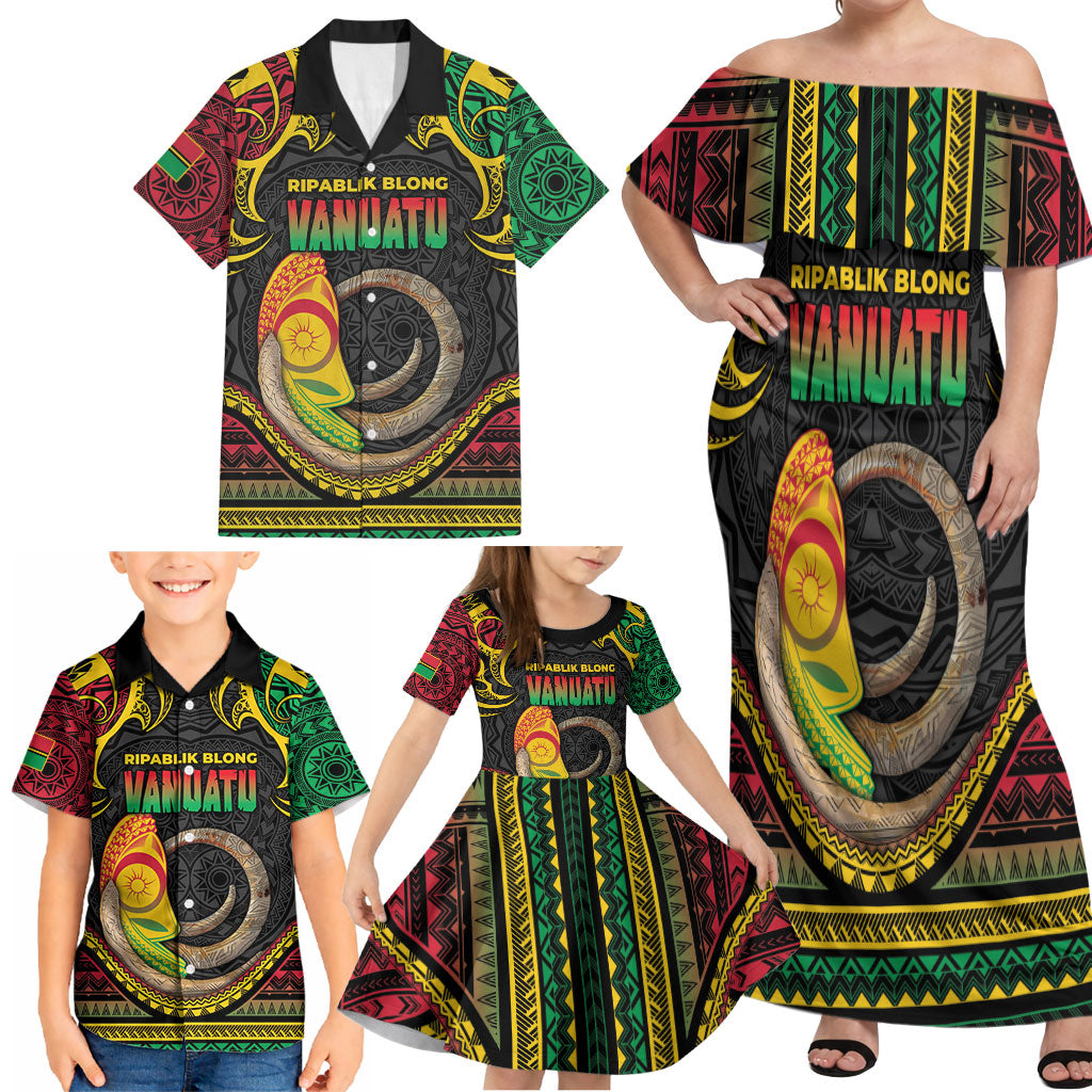 Vanuatu Language Week Family Matching Off Shoulder Maxi Dress and Hawaiian Shirt Boar Tusk Warrior Tribal Floral Pattern DT05 - Polynesian Pride