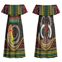 Vanuatu Language Week Family Matching Off Shoulder Maxi Dress and Hawaiian Shirt Boar Tusk Warrior Tribal Floral Pattern