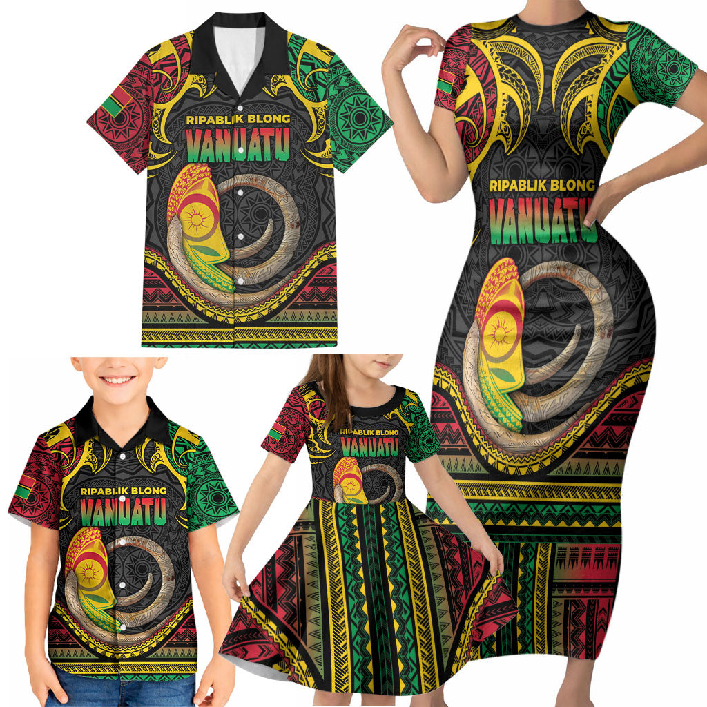 Vanuatu Language Week Family Matching Short Sleeve Bodycon Dress and Hawaiian Shirt Boar Tusk Warrior Tribal Floral Pattern DT05 - Polynesian Pride