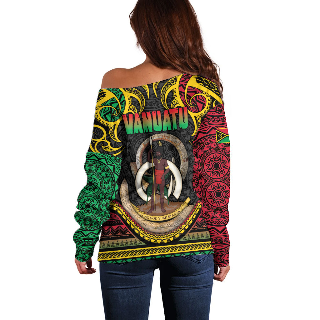 Vanuatu Language Week Off Shoulder Sweater Boar Tusk Warrior Tribal Floral Pattern