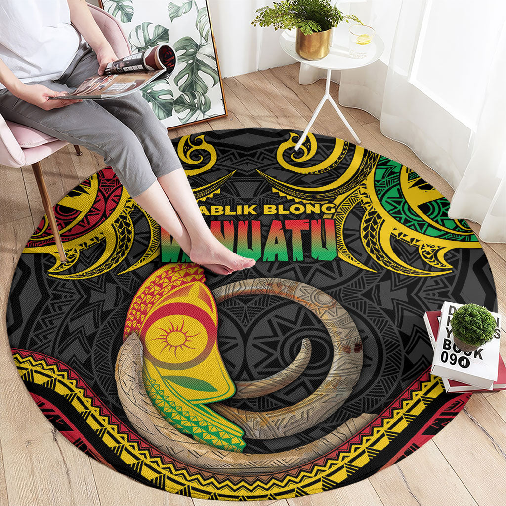 Vanuatu Language Week Round Carpet Boar Tusk Warrior Tribal Floral Pattern