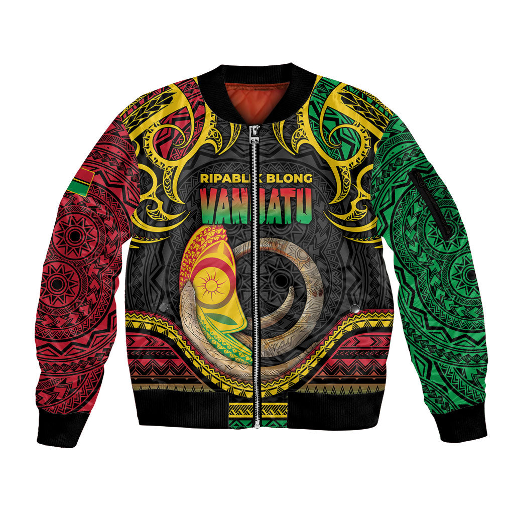Vanuatu Language Week Sleeve Zip Bomber Jacket Boar Tusk Warrior Tribal Floral Pattern
