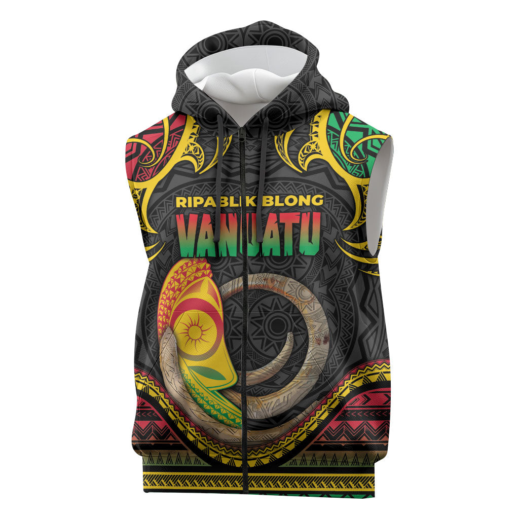 Vanuatu Language Week Sleeveless Zip Hoodie Boar Tusk Warrior Tribal Floral Pattern DT05 Black - Polynesian Pride