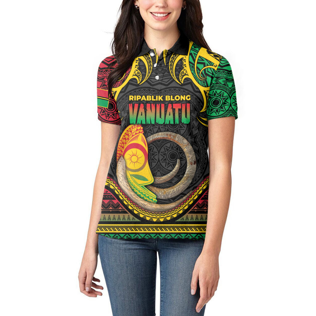 Vanuatu Language Week Women Polo Shirt Boar Tusk Warrior Tribal Floral Pattern