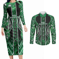 Aotearoa Ngati Maniapoto Couples Matching Long Sleeve Bodycon Dress and Long Sleeve Button Shirt Maori Tribal Green Paua Shell Pattern DT05 Green - Polynesian Pride