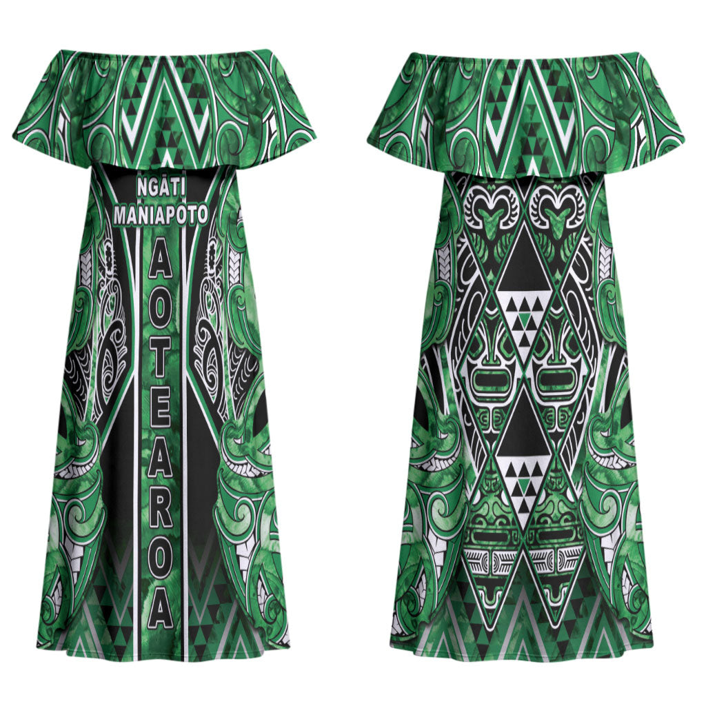 Aotearoa Ngati Maniapoto Couples Matching Off Shoulder Maxi Dress and Hawaiian Shirt Maori Tribal Green Paua Shell Pattern DT05 - Polynesian Pride