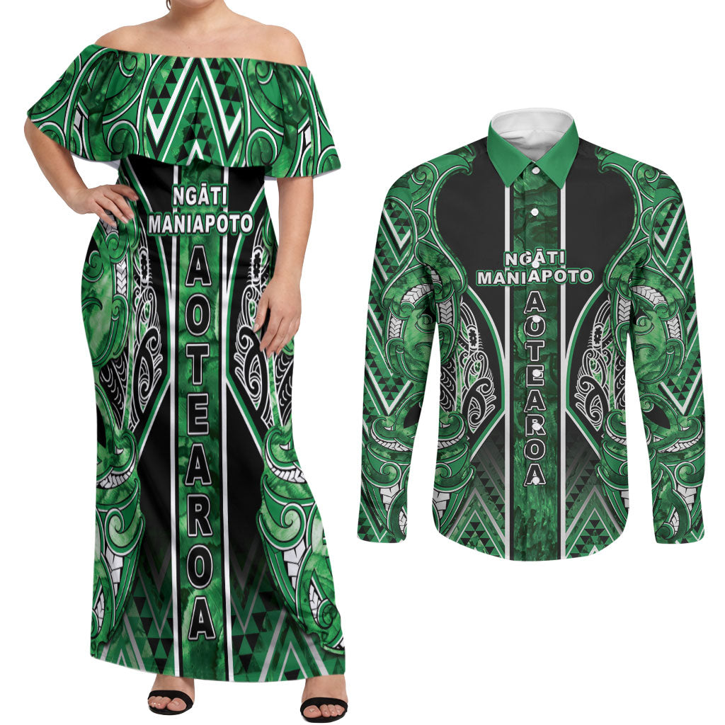 Aotearoa Ngati Maniapoto Couples Matching Off Shoulder Maxi Dress and Long Sleeve Button Shirt Maori Tribal Green Paua Shell Pattern DT05 Green - Polynesian Pride