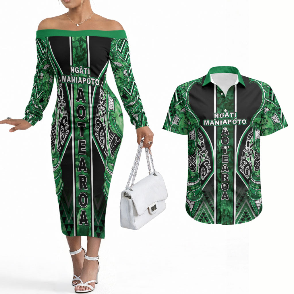 Aotearoa Ngati Maniapoto Couples Matching Off The Shoulder Long Sleeve Dress and Hawaiian Shirt Maori Tribal Green Paua Shell Pattern DT05 Green - Polynesian Pride