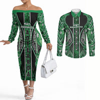 Aotearoa Ngati Maniapoto Couples Matching Off The Shoulder Long Sleeve Dress and Long Sleeve Button Shirt Maori Tribal Green Paua Shell Pattern DT05 Green - Polynesian Pride