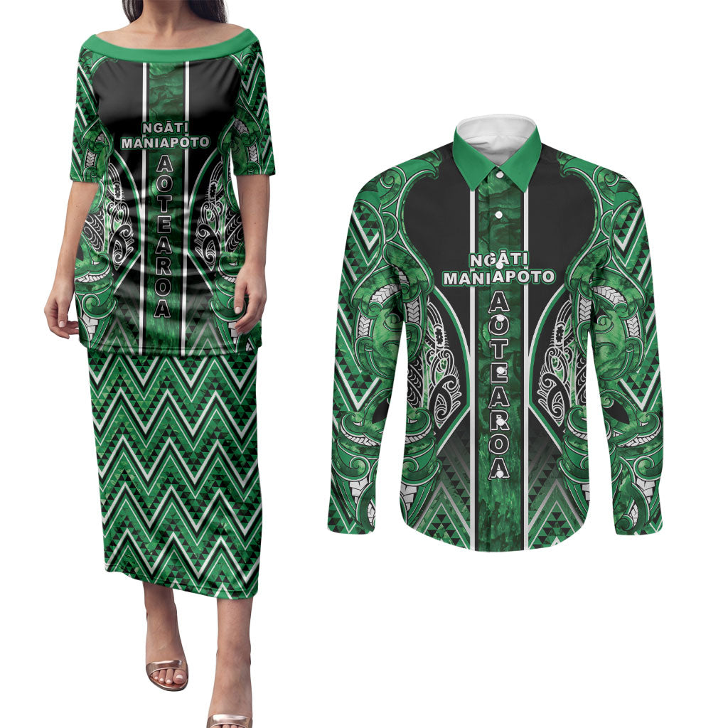Aotearoa Ngati Maniapoto Couples Matching Puletasi and Long Sleeve Button Shirt Maori Tribal Green Paua Shell Pattern DT05 Green - Polynesian Pride
