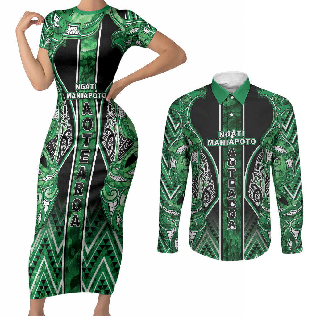Aotearoa Ngati Maniapoto Couples Matching Short Sleeve Bodycon Dress and Long Sleeve Button Shirt Maori Tribal Green Paua Shell Pattern DT05 Green - Polynesian Pride