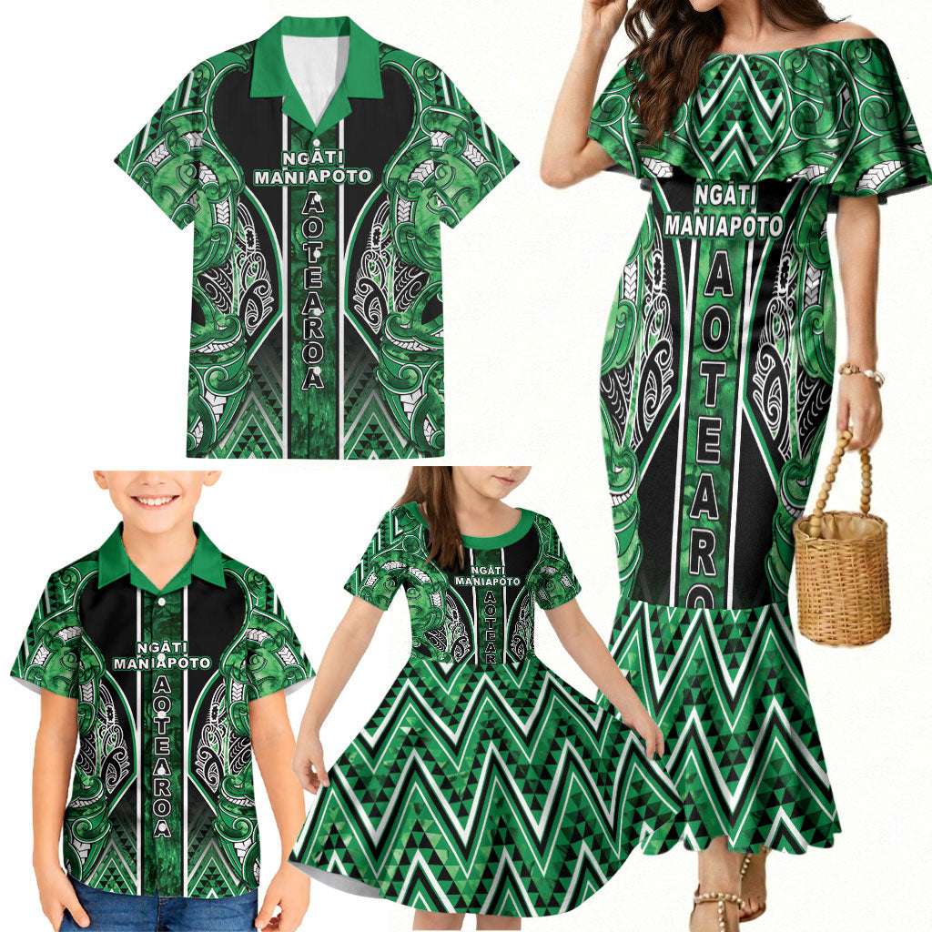 Aotearoa Ngati Maniapoto Family Matching Mermaid Dress and Hawaiian Shirt Maori Tribal Green Paua Shell Pattern