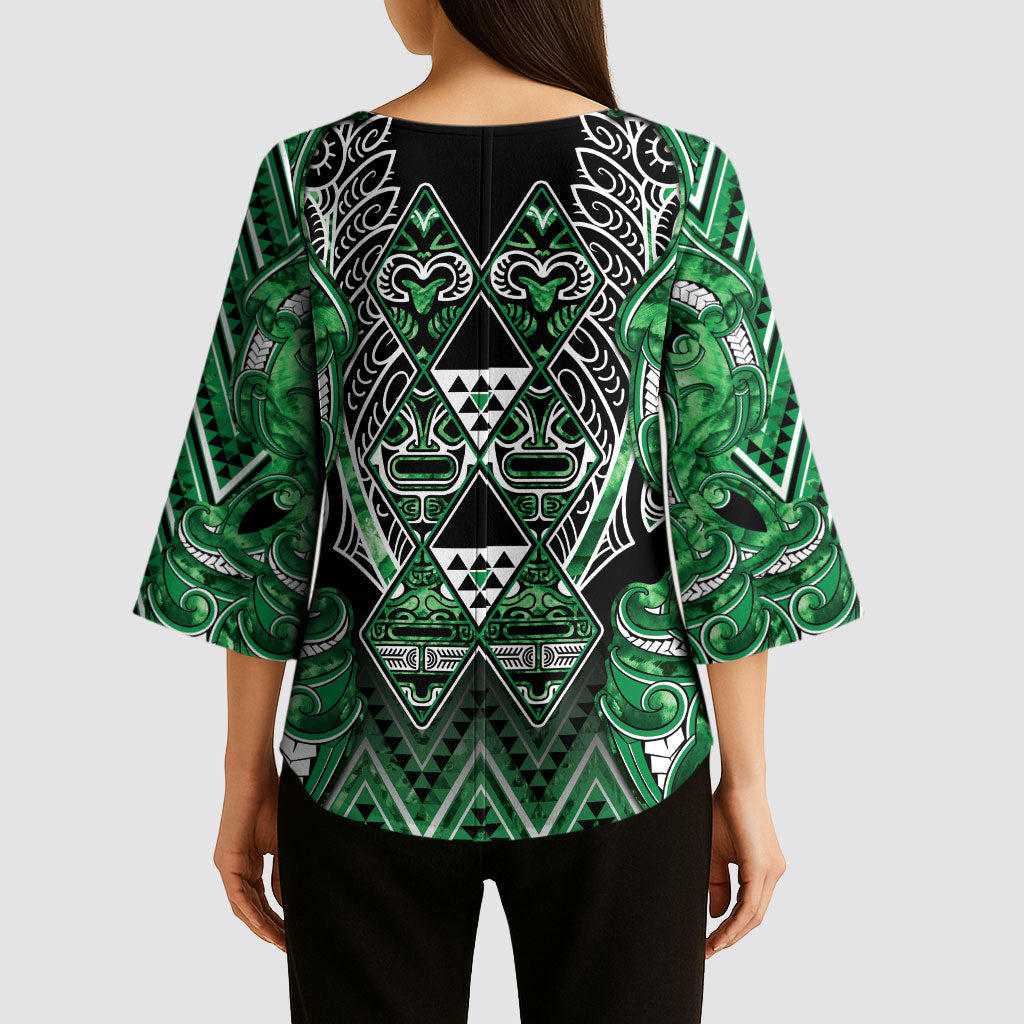 Aotearoa Ngati Maniapoto Kimono Sleeve Blouse Maori Tribal Green Paua Shell Pattern DT05 - Polynesian Pride
