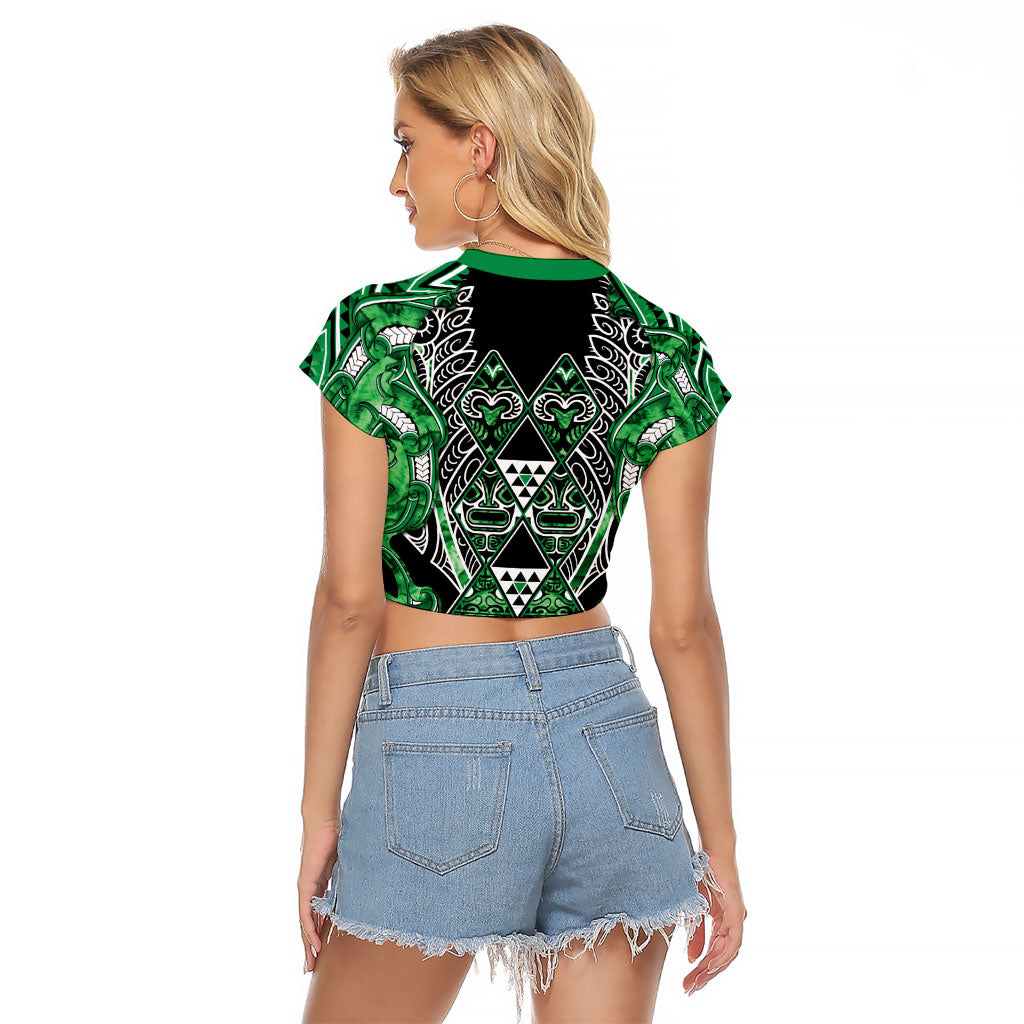 Aotearoa Ngati Maniapoto Raglan Cropped T Shirt Maori Tribal Green Paua Shell Pattern DT05 - Polynesian Pride