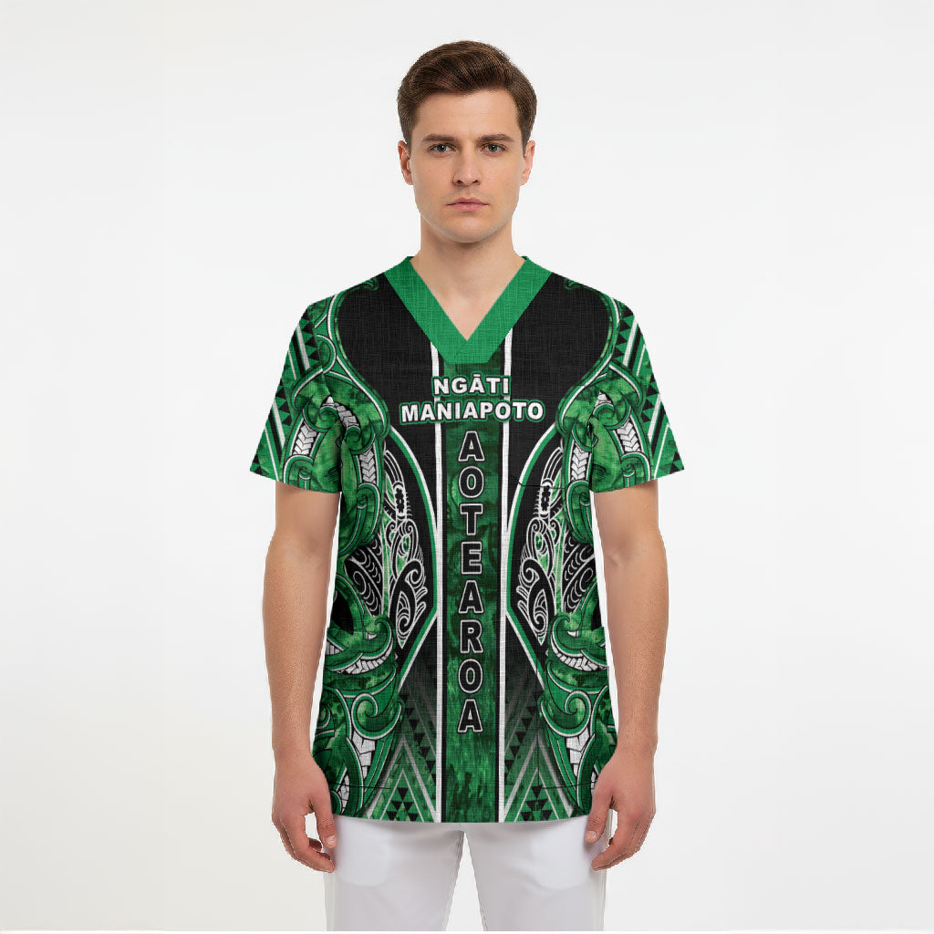 Aotearoa Ngati Maniapoto Scrub Top Maori Tribal Green Paua Shell Pattern DT05 - Polynesian Pride