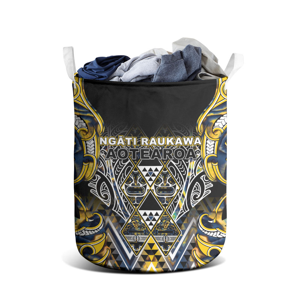Aotearoa Ngati Raukawa Laundry Basket Maori Tribal Yellow And Navy Paua Shell Pattern DT05 - Polynesian Pride
