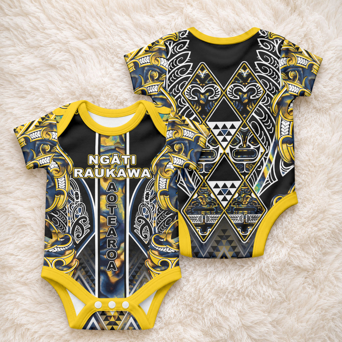Aotearoa Ngati Raukawa Baby Onesie Maori Tribal Yellow And Navy Paua Shell Pattern