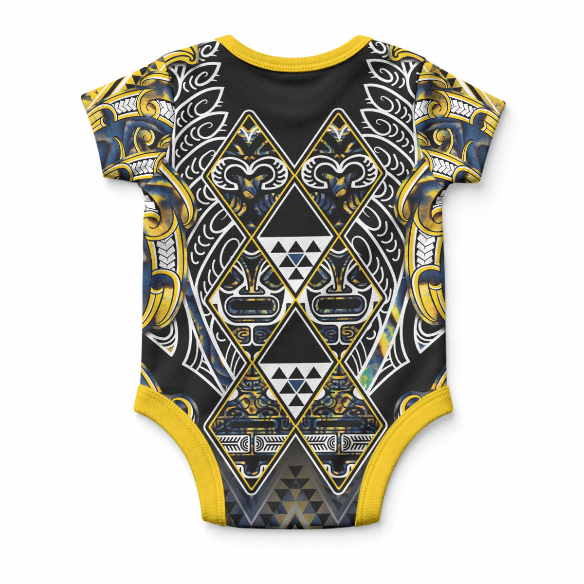Aotearoa Ngati Raukawa Baby Onesie Maori Tribal Yellow And Navy Paua Shell Pattern