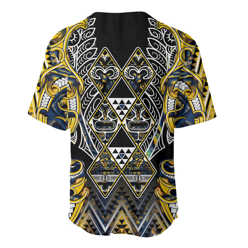 Aotearoa Ngati Raukawa Baseball Jersey Maori Tribal Yellow And Navy Paua Shell Pattern DT05 - Polynesian Pride