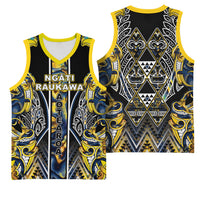 Aotearoa Ngati Raukawa Basketball Jersey Maori Tribal Yellow And Navy Paua Shell Pattern DT05 - Polynesian Pride