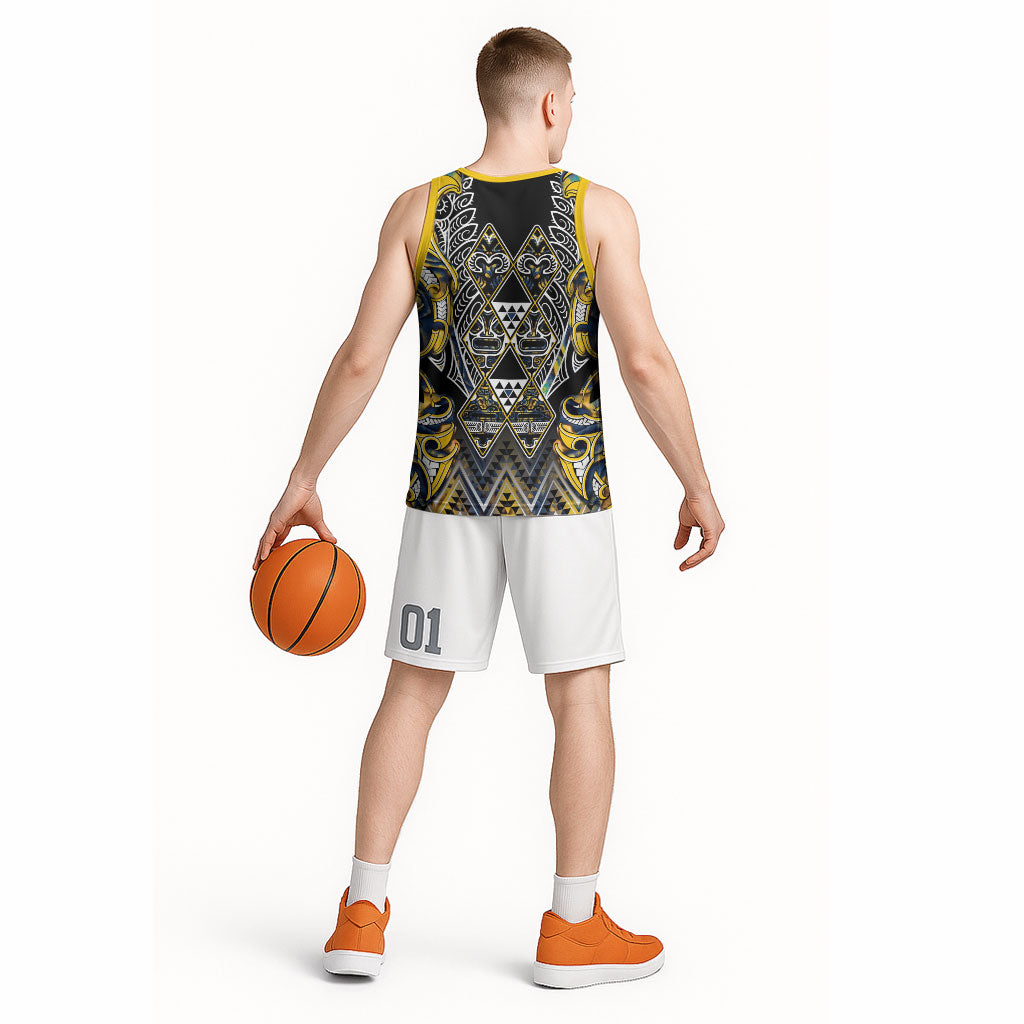 Aotearoa Ngati Raukawa Basketball Jersey Maori Tribal Yellow And Navy Paua Shell Pattern DT05 - Polynesian Pride