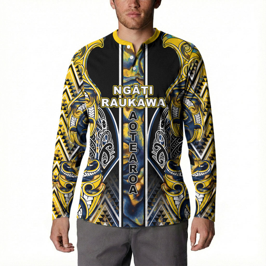 Aotearoa Ngati Raukawa Button Sweatshirt Maori Tribal Yellow And Navy Paua Shell Pattern DT05 - Polynesian Pride