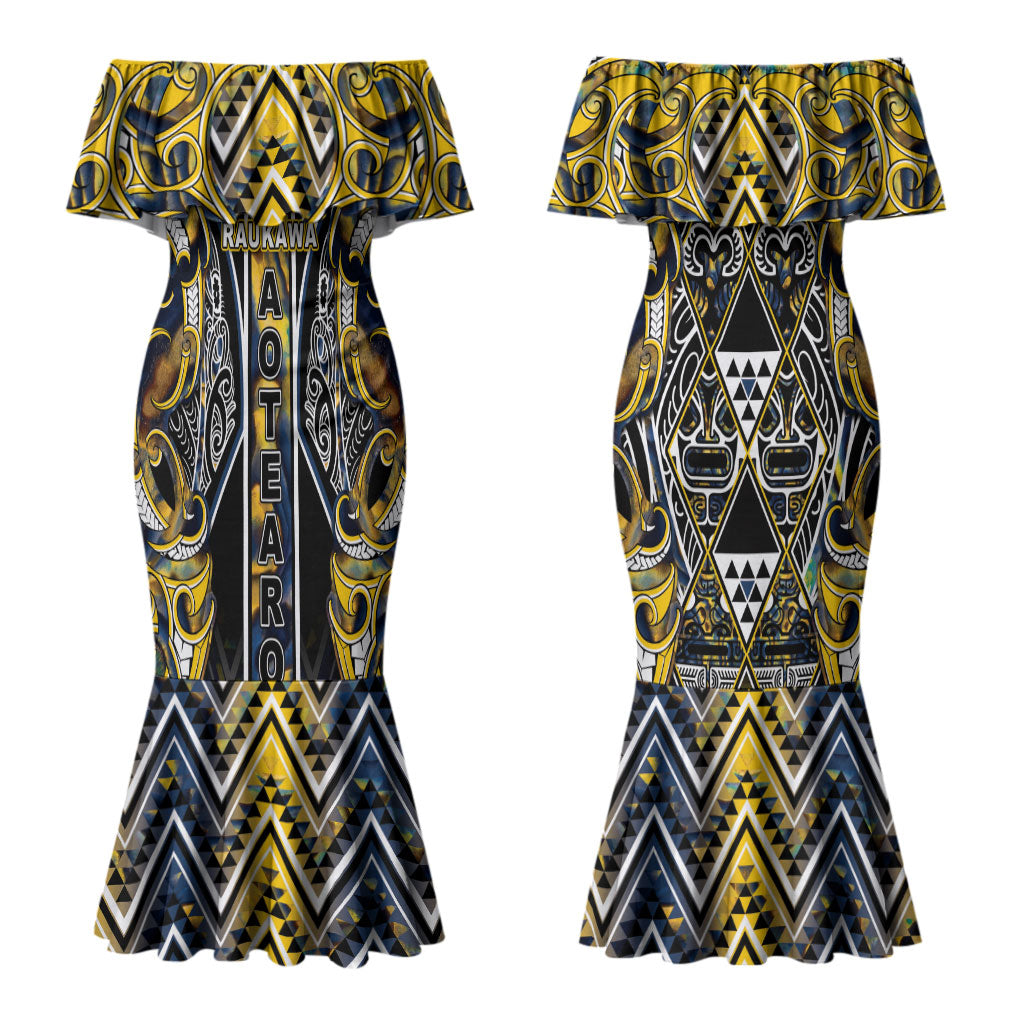 Aotearoa Ngati Raukawa Couples Matching Mermaid Dress and Long Sleeve Button Shirt Maori Tribal Yellow And Navy Paua Shell Pattern DT05 - Polynesian Pride