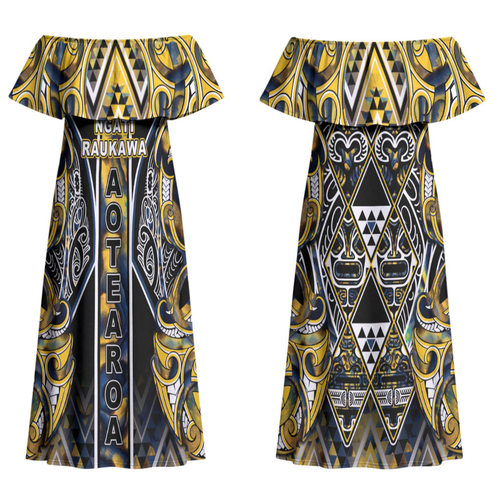 Aotearoa Ngati Raukawa Couples Matching Off Shoulder Maxi Dress and Hawaiian Shirt Maori Tribal Yellow And Navy Paua Shell Pattern DT05 - Polynesian Pride
