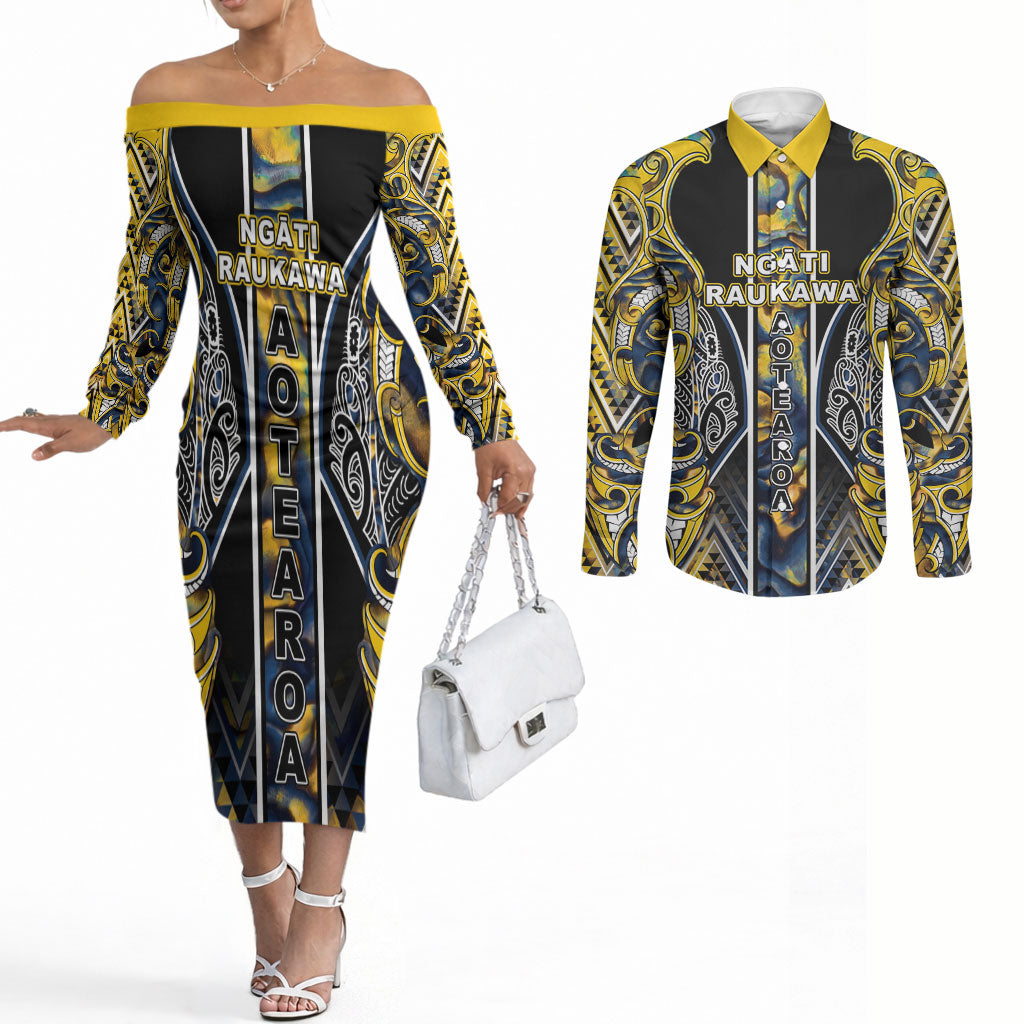 Aotearoa Ngati Raukawa Couples Matching Off The Shoulder Long Sleeve Dress and Long Sleeve Button Shirt Maori Tribal Yellow And Navy Paua Shell Pattern DT05 Yellow - Polynesian Pride