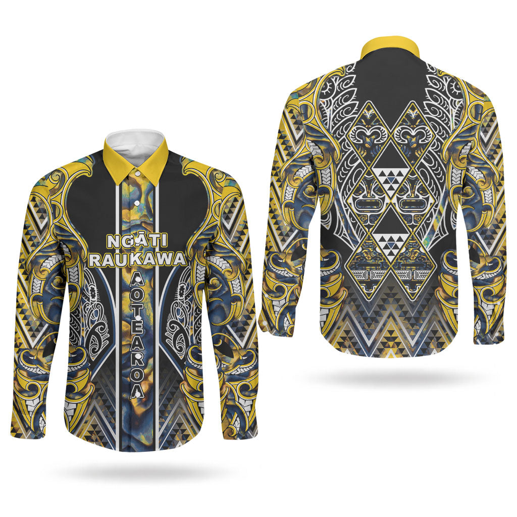 Aotearoa Ngati Raukawa Couples Matching Off The Shoulder Long Sleeve Dress and Long Sleeve Button Shirt Maori Tribal Yellow And Navy Paua Shell Pattern DT05 - Polynesian Pride