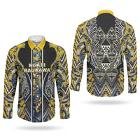 Aotearoa Ngati Raukawa Couples Matching Off The Shoulder Long Sleeve Dress and Long Sleeve Button Shirt Maori Tribal Yellow And Navy Paua Shell Pattern DT05 - Polynesian Pride
