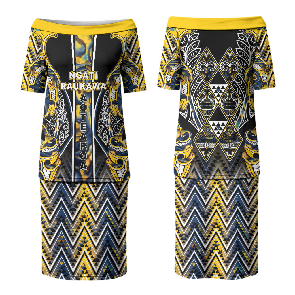 Aotearoa Ngati Raukawa Couples Matching Puletasi and Hawaiian Shirt Maori Tribal Yellow And Navy Paua Shell Pattern DT05 - Polynesian Pride